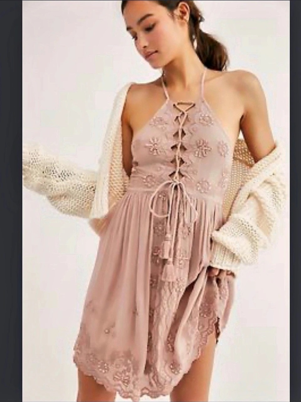 Free People Floral Lace-Up Mini Dress in Pink Size M